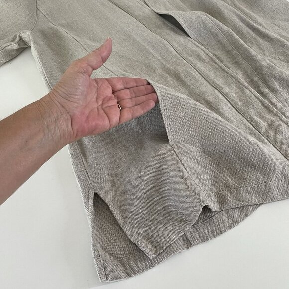 Eileen Fisher 100% Linen Open Front Collarless Jacket Natural Tan Beige Large - Picture 7 of 11